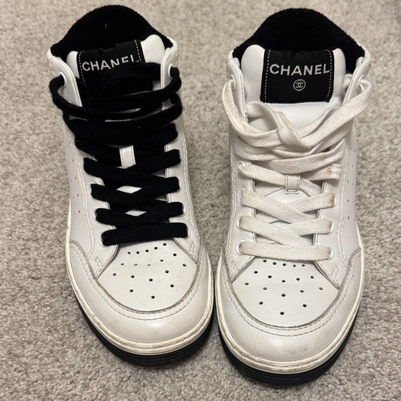 CHANEL Shoes - Chanel White Leather High-Top Sneakers with Contrasting Laces
